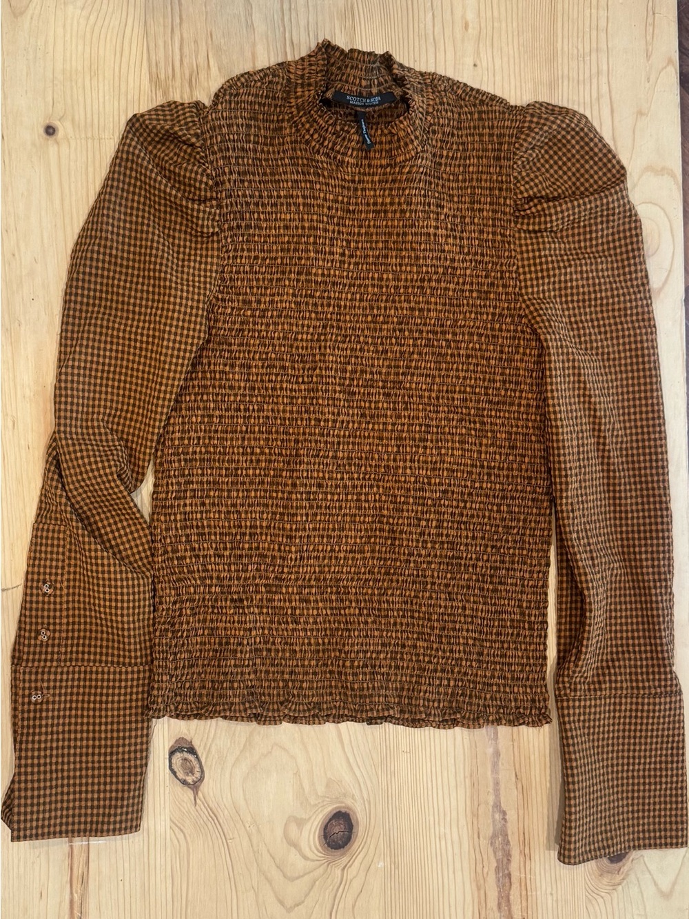 SCOTCH & SODA Maison Scotch Rust Brown Smocked Turtleneck Blouse